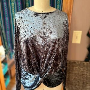 Anthropology Long sleeve blue velvet top with cross in front size small
